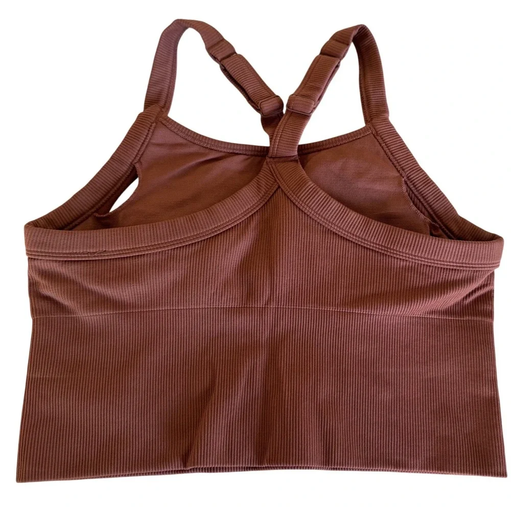 Alo Yoga Seamless Ribbed Favorite Bra Tank & Biker Shorts Set Brown Est Size M